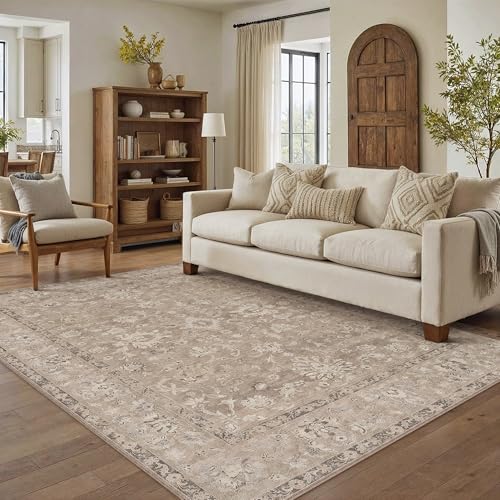 HUGEAR 6x9 Washable Vintage Area Rug Light Brown Neutral Distressed Low Pile Non Slip Soft Carpet Indoor Throw Rug for Living Room Bedroom Dining Room Home Office - color: Light Brown, size: 6' x 9' (Rectangular)