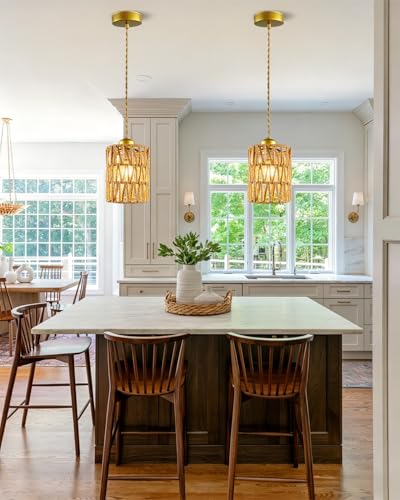 1-Light Rattan Pendant Light Boho Hand-Woven Chandelier, Farmhouse Hemp Rope Pendant Lights for Dining Room, Small Wicher Chandelier Ceiling Hanging Light for Kitchen lsland Bedroom Hallway - color: 4.72″-Cylindrical