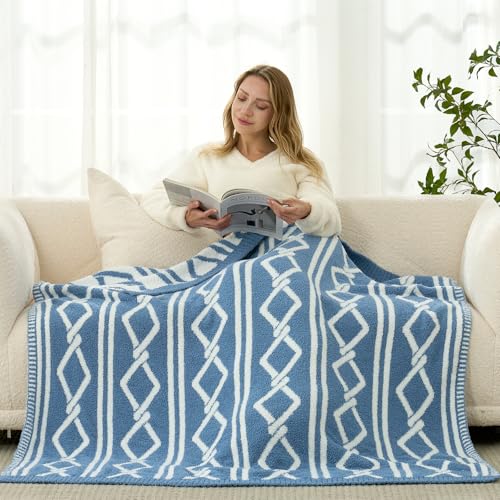 Snuggle Sac Ultra Soft Boho Throw Blanket for Couch Bed Sofa 50x60 inches, Reversible Geometric Blanket with Diamonds Microfiber Fluffy Fuzzy Cozy Knit Soft Throws Birthday Gifts for Women - color: Blue Boho, size: Throw(50"x60")