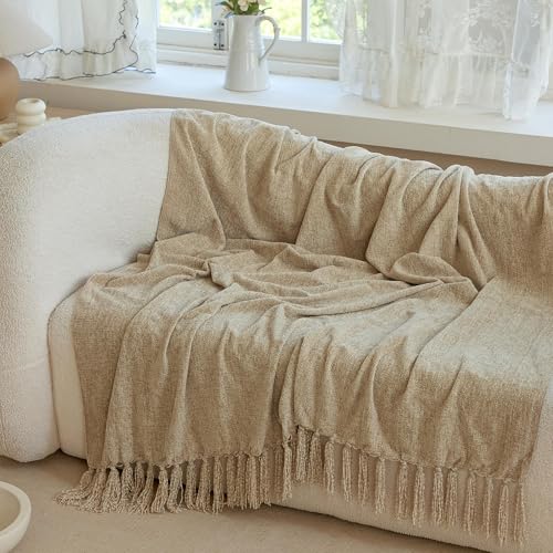 Simple&Opulence Soft Chenille Throw Blanket 50'' x 60'' - Cozy Fluffy Blanket with Fringe Tassel, Farmhouse Boho Blankets for Couch Bed Office Chair Gift Home Decor All Season Use, Khaki - color: Khaki