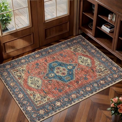 Tangsoo Oriental Washable Entryway Rugs Terracotta 2x3 Non Slip Small Area Rug, Vintage Indoor Front Door Rug, Print Door Mat Indoor Entrance Soft Low Pile Throw Rug for Entry Kitchen Bedroom - color: Terracotta/Blue, size: 2' X 3' (Rectangular)