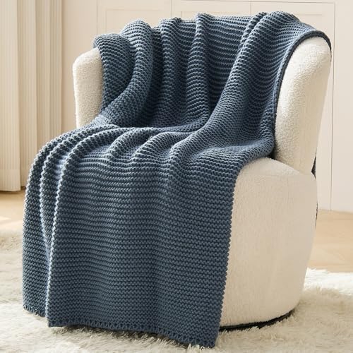 Blue Throw Blanket, Knit Throw Blanket for Couch, Soft Cozy Stretchy Reversible Garter Knitted Blankets for Bed, 50"x60", Dusty Blue - color: Dusty Blue, size: 50"x60"