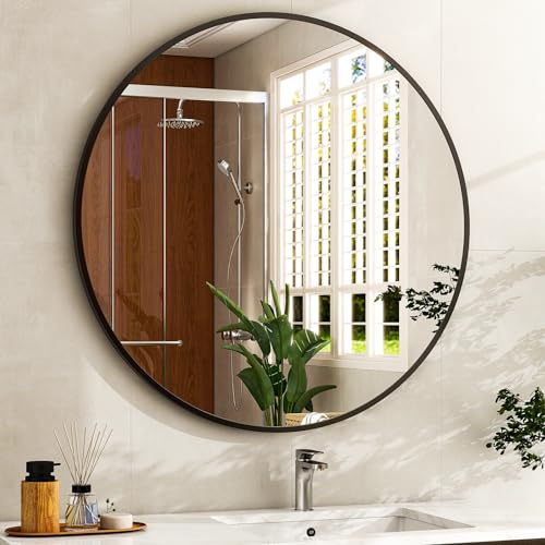 20 Inch Round Bathroom Mirror - Black Wall Mounted Circle Mirror with Metal Frame, Modern Round Hanging Mirror Suitable for Bathroom, Vanity, Entryway, Living Room - color: Black, size: 20"L x 20"W