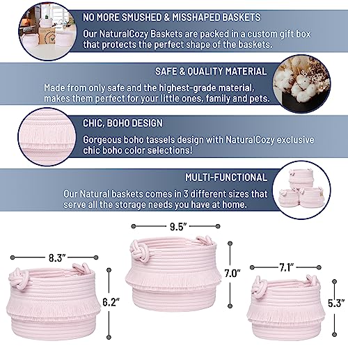 NaturalCozy 3-Piece Decorative Storage Basket Set – Pink Cotton Rope Small Woven Baskets for Organizing for Nursery Baby Stuff, Gift, Vanity, Montessori, Dog Cat Toy Bin, Planter, Bathroom Shelves - color: Pink