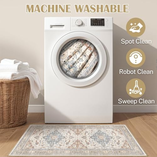 2x4 Rug Washable Runner Rug: Small Vintage Neutral Non-Slip Soft Accent Doormat Stain Resistant Floor Throw Mat for Entryway Kitchen Bedroom Nursery Entry Dorm- Beige Blue - color: Beige Blue, size: 2' x 4' (Runner)