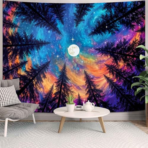 Wegklazax Celestial Forest Sky Tapestry, Artistic Fantasy Wall Art for Room Decor, Vibrant Night Home Decor 60" L x 44" W - color: Blue Purple, size: 60"L x 44"W