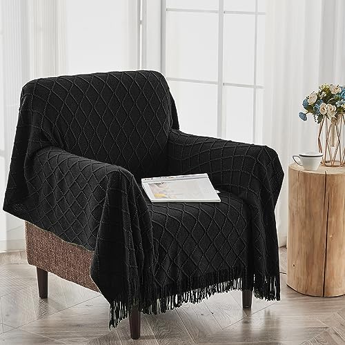 inhand Knitted Throw Blankets for Couch and Bed, Soft Cozy Knit Blanket with Tassel, Black Lightweight Decorative Blankets and Throws, Farmhouse Warm Woven Blanket for Men and Women, 60"x80" - color: Black, size: 60"x80"