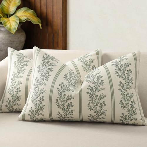 Vintage Throw Pillow Covers 12x20 Set of 2, Striped Floral Pillow Cover Botanical Patterned Decorative Cushion Covers Modern Farmhouse Home Decor for Sofa Couch Bed Living Room, Moss Green - color: Moss Green, size: 20" x 12" (Pack of 2)