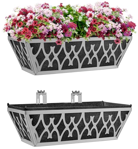 2 Pack 16 Inch Window Boxes Planters Railing Planter Box with Adjustable Brackets & Non-Woven Fabric Plant Grow Bags Deck Railing Planter Boxes Balcony Hanging Flower Box for Outdoor Plants - color: 2 Pack-grey, size: 16 Inch