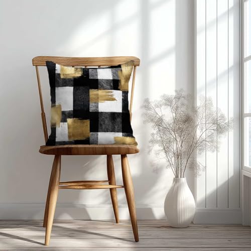 Black and Gold Abstract Throw Pillow Covers 18x18 Inch, Set of 2 | Modern Plaid Square Cushion Cases for Couch & Living Room | Contemporary Home Decor, Decorative Pillowcases - color: Black and Gold