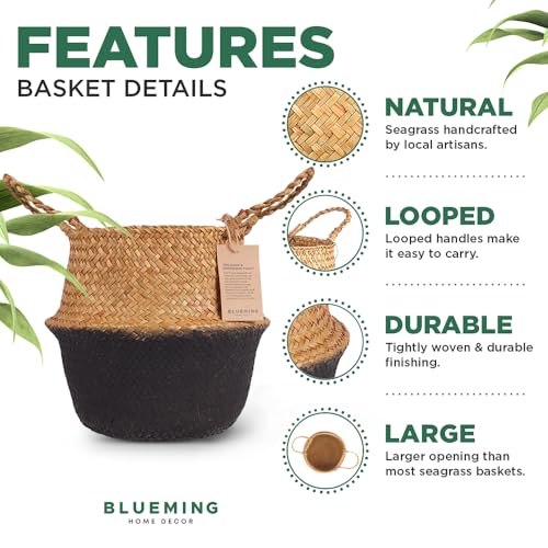 Blueming Home Wicker Plant Basket – Medium Seagrass Planter Pot for Faux Olive Trees or Houseplants, Decorative Woven Black Bottom Wicker Planter for Living Room, Shelf, or Entryway - color: Black Brown, size: Medium