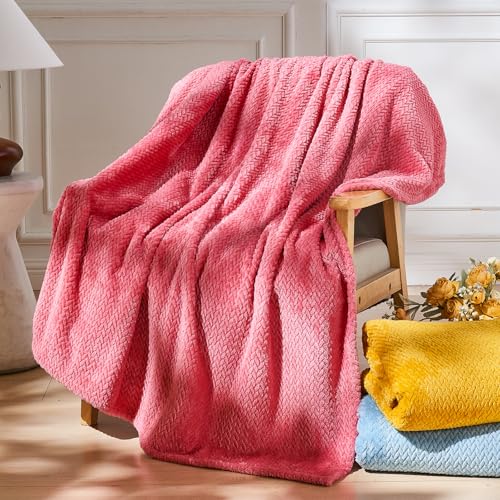 NEWCOSPLAY Super Soft Twin Blanket Coral Pink Premium Silky Flannel Fleece Leaves Pattern Lightweight Bed Blanket All Season Use (Coral Pink, Twin(60"x80")) - color: Coral Pink, size: Twin(60"x80")