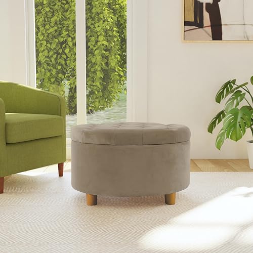 HomePop 28" Button Tufted Velvet Round Storage Ottoman - Fawn Velvet - color: Fawn Velvet