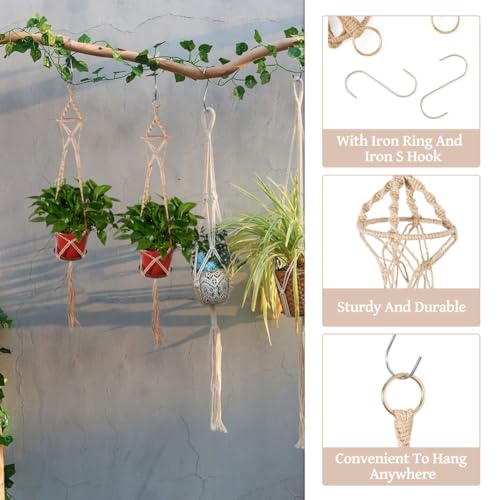 2Pcs Macrame Plant Hangers for Indoor Outdoor, Hanging Net Plant Basket with Wood Bead, Decorative Flower Pot Holders with 2Pcs S Hooks for Room Balcony Garden Home Decor, Tan, 1190x125mm - color: Tan