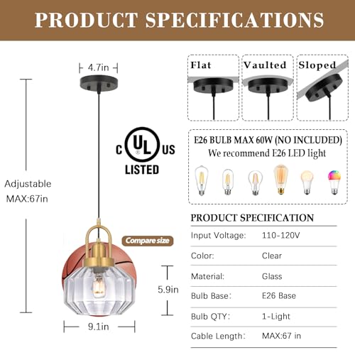 9in Mid Century Modern Pendant Light, Gold and Small Clear Glass | Vintage Lighting Fixture Ceiling Hanging Lamp for Kitchen Island Foyer Dining Room Bedroom Entryway Hallway Over Sink Table - color: Clear & Gold Hardwire, size: 9in