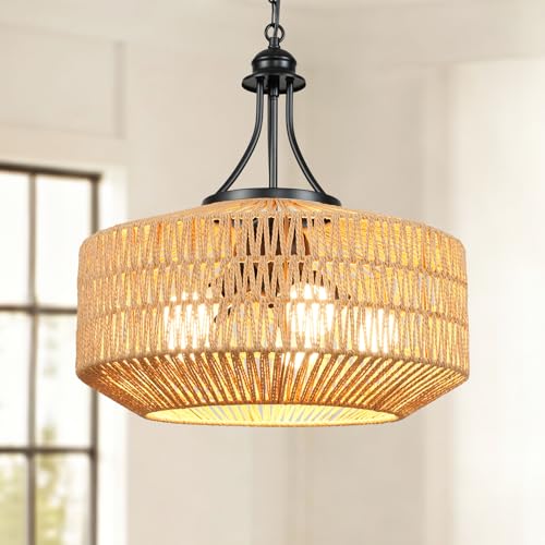 5-Light Rattan Pendant Light, 18.8" Large Boho Chandeliers for Living Room, Dining Room, Hand Woven Wicker Fixture with Adjustable Cord, Coastal Farmhouse Hanging Lamp for Kitchen Island - color: Beige-W48cm