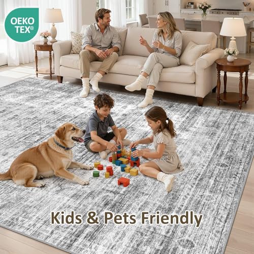 Washable Area Rugs 3x5, Soft Large 3x5 Rugs for Living Room Non-Slip Vintage Black Grey Indoor Carpet Stain Resistant Rugs for Dining Room Bedroom Nursery Kid & Pet Friendly - color: Black Grey, size: 3' x 5' (Rectangular)