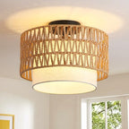 Somniferous Rattan Ceiling Light Fixture, Boho Flush Mount Ceiling Light with Double Drum Shade, Farmhouse Woven Light Fixture for Bedroom, Living Room, Kitchen, Hallway, Entryway, 12.6”, E26 Base