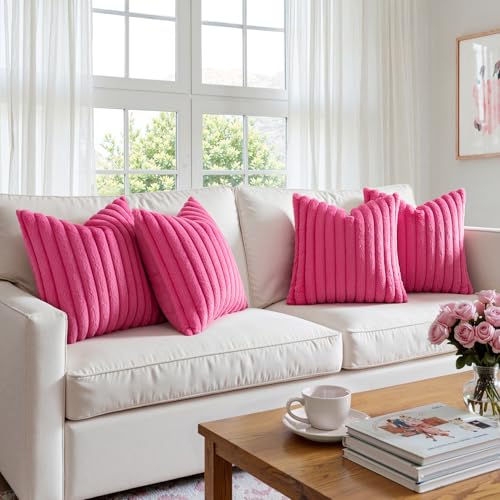 MIULEE Faux Fur Plush Decorative Throw Pillow Covers 20x20 Set of 4, Modern Soft Fuzzy Striped Cushion Covers for Sofa Couch Bed Living Room Cozy Home Decor,Hot Pink - color: Hot Pink, size: 20" x 20" (Pack of 4)