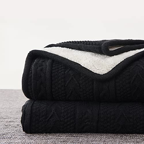 Longhui bedding Black Acrylic Cable Knit Sherpa Throw Blanket - Thick, Soft, Big, Cozy Knitted Fleece Blankets for Couch, Sofa, Bed - Large 60 x 80 Inches Coverlet All Season - color: Black, size: 60"x80", Oversize
