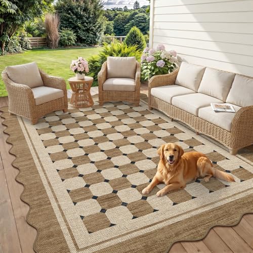 Garvee Scalloped Washable 8x10 Rug, Easy Jute Neutral Rug for Living Room, Indoor Outdoor Patio Non Slip Rugs for Bedroom, Checkered Farmhouse Dining Room Mat Carpet Area Rug for Office Decor 8'x10' - color: Checkered|jute, size: 8' x 10' (Rectangular)