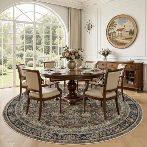 WITSHOCK 10ft Round Area Rugs for Living Room: Washable Vintage Rug Retro Antique Distressed Dark Large Non Slip Low Pile Soft Boho Indoor Floor Carpet for Bedroom Dining Room Home Decor, Brown Olive - color: Brown/Olive Green/Purple, size: 10' (Round)