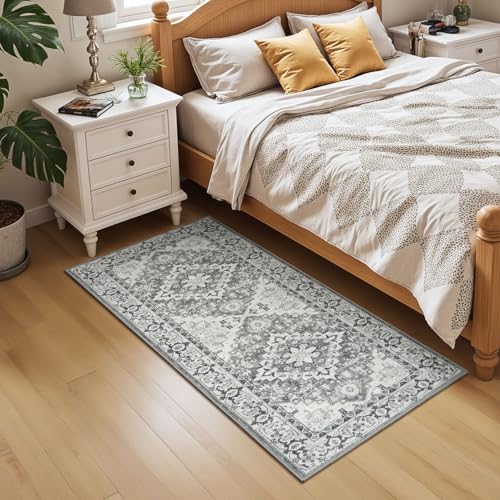 Lessymo 2 x 5 Runner Entryway Rug, Machine Washable Kitchen Rugs Boho Faux Wool Low Pile Long Rug for Bedroom, Floral Medallion Vintage Rugs with Non-Slip Rubber, Grey Beige - color: Grey Beige, size: 2' x 5' (Runner)