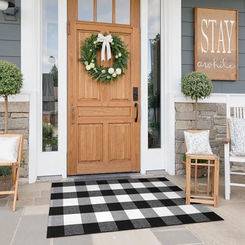 KIMODE Front Door Mat Buffalo Plaid Outdoor Rug 27.5"x43" Black and White Checkered Rug Farmhouse Front Porch Rug Outdoor Srping Decor Cotton Woven Washable Layered Door Mats - color: Black/White, size: 2'4" x 3'7" (Rectangular)