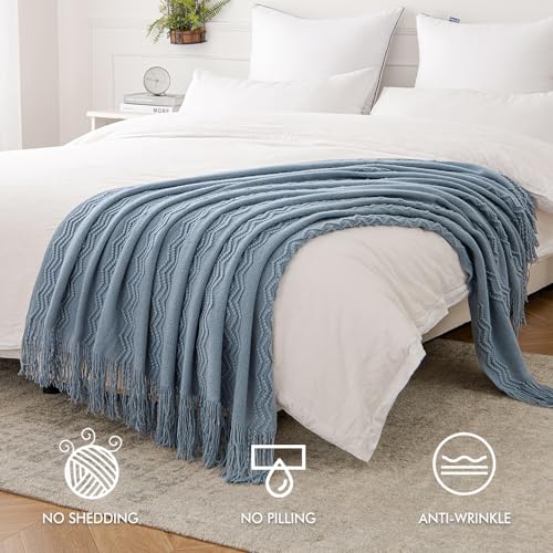 MIULEE Dusty Blue Cozy Knitted Throw Blanket for Couch Textured Knit Blanket with Tassels Woven Acrylic Wave Pattern Boho Blankets for Sofa Bed Chair 50"x60" - color: Dusty Blue, size: 50" x 60"