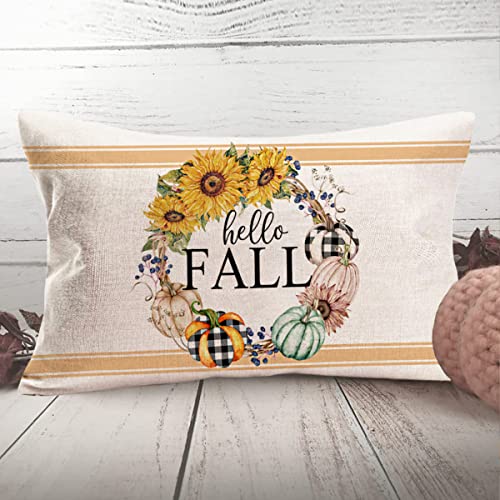 Hello Fall Pumpkin Pillow Covers 12x20 Inch Autumn Harvest Sunflowers Buffalo Check Orange Pumpkin Throw Lumbar Pillow Cover Thanksgiving Day Farmhouse Decorations Cushion Case - color: Hello Fall Pumpkin Sunflower