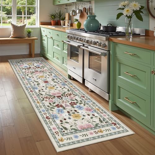 Deerly Floral Runner Rug 3x8 for Hallway Vintage Boho Washable Bathroom Kitchen Bedroom Runner Rugs Non-Slip Soft Low Pile Thin Indoor Carpet for Laundry Room Farmhouse Flower, Beige/Green/Multi - color: Beige/Green/Multi, size: 3' x 8' (Runner)