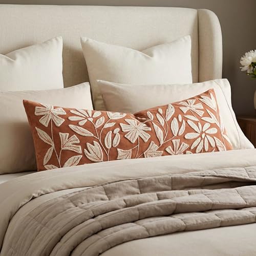 BlissBlush Long Lumbar Pillow Cover 14x36 for Bed, Rust Terracotta Floral Tufted Velvet Accent Oversize Throw Pillowcase for Bedroom, Cover Only - color: Orange Terracotta, size: 36" x 14" (Pack of 1)
