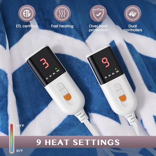 VENTIMI Electric Blanket Queen, 84" x 90" Heated Blanket with 9 Heat Levels & 2-4-8-10 Hours Auto Off, Fast Heating Blanket with ETL & FCC Certification, Navy - color: Navy, size: Queen