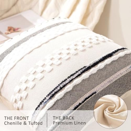 Boho Throw Pillow Covers 18x18 Set of 2 Farmhouse Decorative Cushion Case Striped Square Pillows Cover Chenille Pillow Cases Accent Neutral Pillowcase for Sofa Couch Bed,White - color: White Stripe