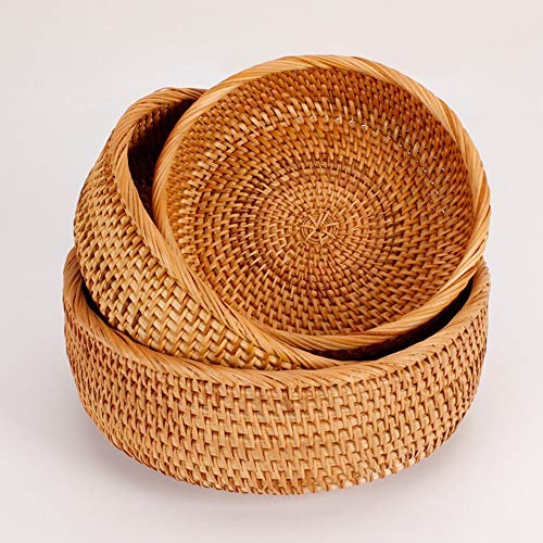3 Pack Hadewoven Round Rattan Fruit Basket Wicker Food Tray Weaving Storage Holder Dinning Room Bowl, 10 Inch Small Wicker Basket Serving Tray Woven Basket for Bread,Snack,Brown(3-Size Kit) - size: 3-Size Kit (Includes 10")