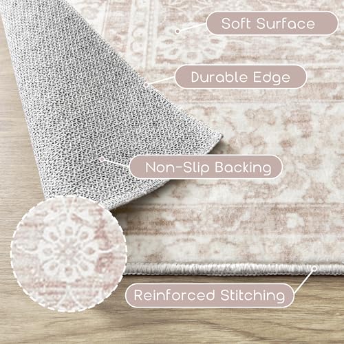 BILEEHOME Vintage Pink Rug 3x5 Washable Non Slip Floral Aesthetic Indoor Rugs for Entryway Kitchen Low Pile Carpet for Laundry Room Bathroom Front Door Mat for Entrance 3 x 5 - color: Pink, size: 3' x 5' (Rectangular)