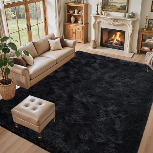 Black Rugs for Living Room Fluffy 4x6 ft Bedroom Rug Non-Slip Area Rugs Shag Carpet for Nursery Kids PlayRoom Dorm Office Indoor Modern Plush Carpets Boys - color: A-black, size: 4' X 6' (Rectangular)