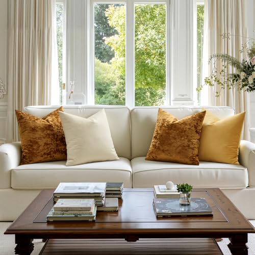 MIULEE Velvet Throw Pillow Covers Set of 2, Soft Neutral Decorative Pillow Cases with Luxurious Textured Vintage Cushion Covers for Home Decor Couch Sofa Bed, Golden Brown 18x18 inch - color: Golden Camel, size: 18" x 18" (Pack of 2)