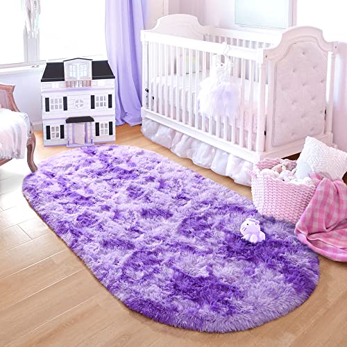 junovo Ultra Soft Washable Shaggy Rug - Non-Slip Oval Carpet for Nursery, Kids Bedroom & Home Decor (2.6x5.3ft Tie-Dye Purple) | Plush Fluffy Floor Mat for Cozy Living Spaces - color: Tie-dye Purple, size: 2.6' x 5.3'