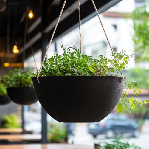 LA JOLIE MUSE Hanging Planters for Outdoor Plants, Large Hanging Planter with Drain Holes, Black Hanging Flower Pots (13.2 Inch, Set of 2) - color: Black