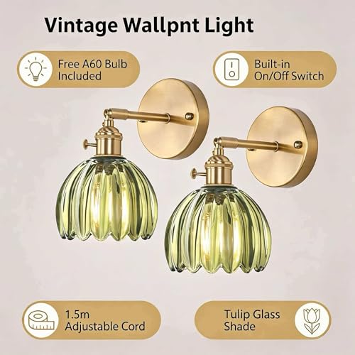 2 Pack Vintage Wall Sconces, Green Tulip Glass Shade Wall Lamp with 2 Natural Light Bulbs, Hardwired Design with Rotary Switch, Decorative Light for Bedroom Hallway Living Room - color: Green 2pcsTulip Wall Light