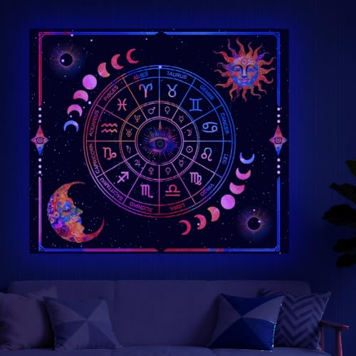 CRAFTYMELODY Constellation Blacklight Tapestry Glow in the Dark Tapestry UV Reactive Sun Moon Eye Wall Hanging 59×51 Inch with Hook Self Adhesive Sticker Clip for Bedroom Home Wall Decoration - color: Constellation