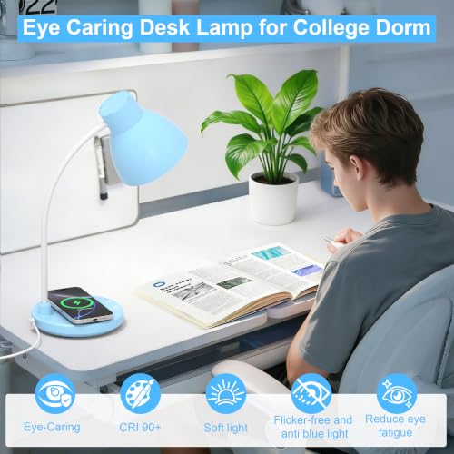 Desk Lamps for Home Office - LED Desk Lamp with Wireless Charger, 3 Color Modes Dimmable Eye-Caring Study Reading Desk Light, Small Flexible Arm Table Lamp for College Dorm Room Bedside, Blue - color: Blue