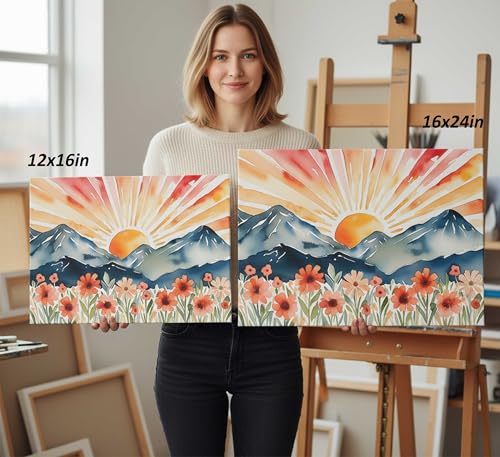 Boho Sun Canvas Wall art Mid-Century Modern Abstract Bohemian Sunset in The Mountains Watercolor Wildflowers Sunrise Landscape Picture Wall Decor Poster Print Artwork for Living Room Bedroom - size: 16"L x 12"W