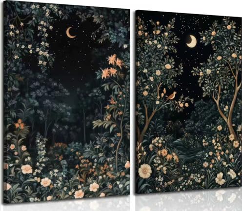2Psc Vintage Dark Moon Botanical Framed Canvas Wall Art Dark Flower Painting Picture Wall Decor William Morris Night Fores Poster Print Artwork for Bedroom Living Home Decoration12x16 Inch - color: YUELIANGHUAHUI, size: 16"L x 12"W