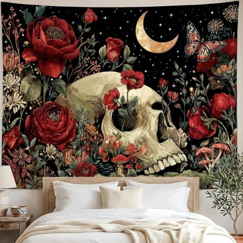 Lifeel Gothic Skull Tapestry, Gothic Hippie Mushroom Flower Aesthetics Moon Tapestries for Room Decor, 60x80 inches - color: Red, size: 80"L x 60"W