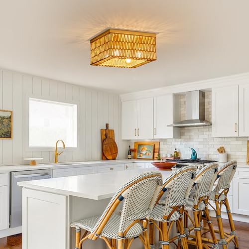 Rpzloila Rattan Ceiling Light, 4-Light Boho Light Fixture, Square Flush Mount Ceiling Light for Bedroom, Hallway, Entryway, Kitchen, Living Room - color: Gold, size: 4-Light-Square