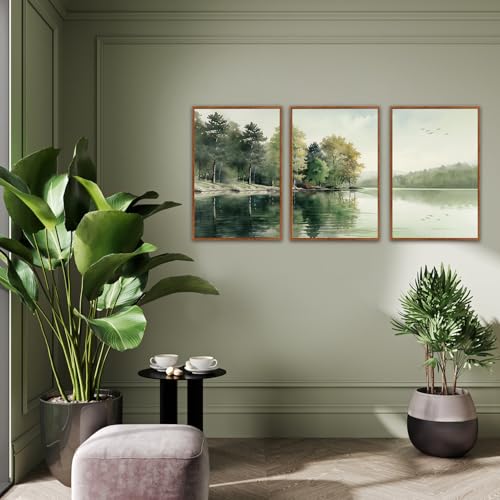 KAIRNE Framed Nature Canvas Wall Art Set,Misty Forest Wall Decor,Green Mountain Forest Pictures,Lake Water Painting set of 3(16”x24”),Landscape Scene Print for Living Room, Bedroom,Gallery Decor - color: Misty Forest(medium), size: 16"Lx24"W