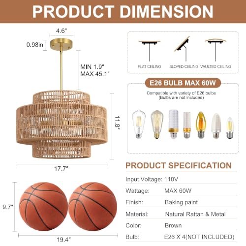 17.7”Boho Rattan Chandelier for Dining Room, 4-Light Hand Woven Pendant Light Fixture Farmhouse Rustic Ceiling Hanging for Kitchen Island Bedroom Living Room Nursery Foyer - size: 17.7″ Brown