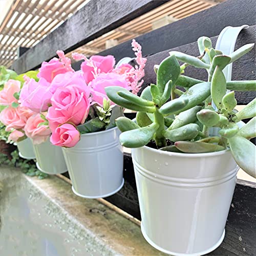 LaLaGreen 6 Inch Hanging Planter Iron - 10 Pack, White Large Metal Flower Pot Over Rail Balcony Railing Hanging Buckets for Plants Outdoor Fence Wall Herb Garden Succulent Outside Deck Patio Porch - size: 6 Inch (White)